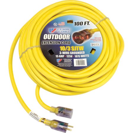U.S. WIRE & CABLE 100 Ft. Single Tap Extension Cord w/ Lighted Ends, 10/3 Ga. SJWT-A, 300V, Yellow 68100